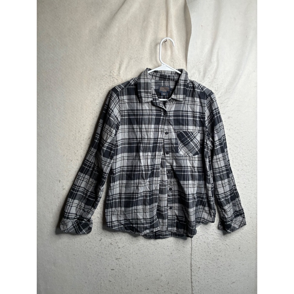 Pendleton Mens Medium Black Grey Plaid Cotton Button Down Flannel Shirt 9220